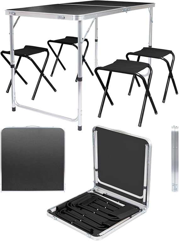 Harbour Housewares 120cm (4ft) Height Adjustable Aluminium Folding Picnic Table with 4 Chairs - Black - 4-Seater Foldable Portable Outdoor Garden Patio Camping BBQ Dining Trestle Furniture