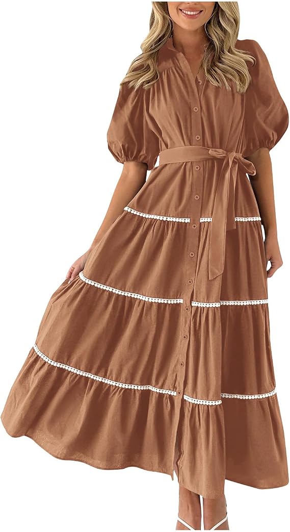 Spring Dresses for Women 2024 Button down Puff Sleeve Tie Waist Ruffle Tiered Swing Dress Casual Flowy Elegant Dress