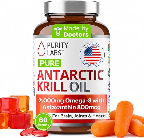 Purity Labs Antarctic Krill Oil 2000mg Omega-3 with Astaxanthin 800mcg Supplements to Support Memory- Rich in Omega 3, Fatty Acids, DHA, EPA & Phospholipids - 60 Softgels