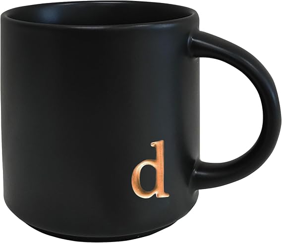 COLLECTIVE HOME Black Ceramic Coffee Mug, 15 oz Golden Monogram Tea Cup (d)