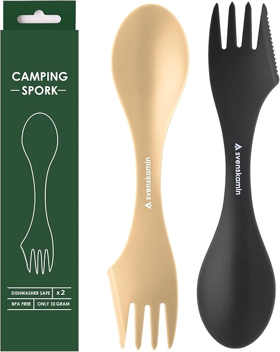 Reusable Camping Spork Set 2-Pack - 3-in-1 Travel Sporks, Lightweight Durable Utensils & Silverware for Tailgate, Outdoors, Hiking, Picnic, Lunch Box - Eco-Friendly Plastic Fork Spoon Knife Combo