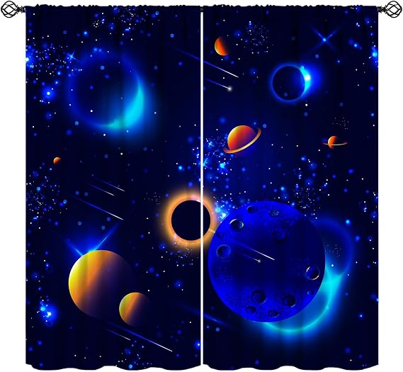 Outer Space Blackout Curtains Galaxy Solar System Planetary System Black and Blue Window Curtains for Kids Boys Girls Room Bedroom Decor Science