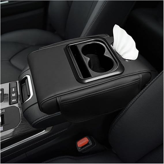 Car Center Console Armrest Pillow, Multifunctional Armrest Box Cover with Cup Phone Tissue Holder & Side Pockets, Waterproof Leather Middle Console Cushion for Most Vehicles (Black, Normal)