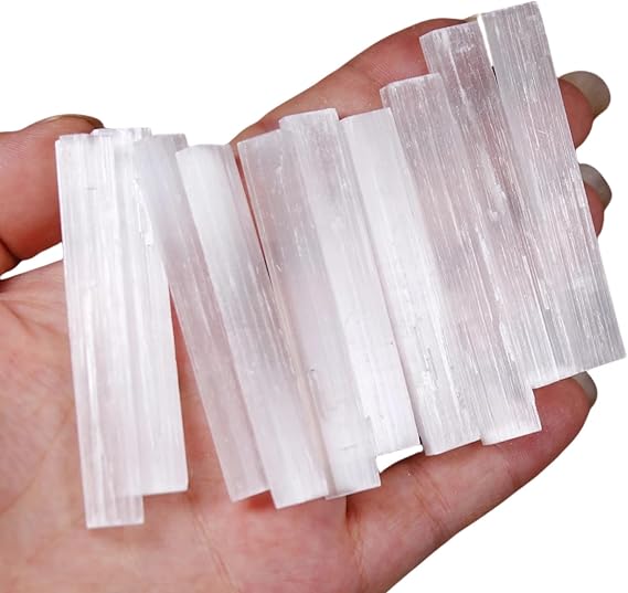 10pcs Natural Selenite Crystal Stick Chips Gypsum White Quartz Selenite Wand Rough Minerals Specimen Point Healing Stones for Reiki, Chakra