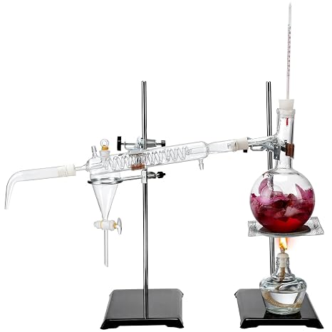 Essential Oil Distillation Kit, 500ml Distillation Apparatus, 3.3 Boro Lab Glassware Distillation Kit with Alcohol Lamp, Ceramic Mesh and 24, 40 Joint, 28 pcs Set