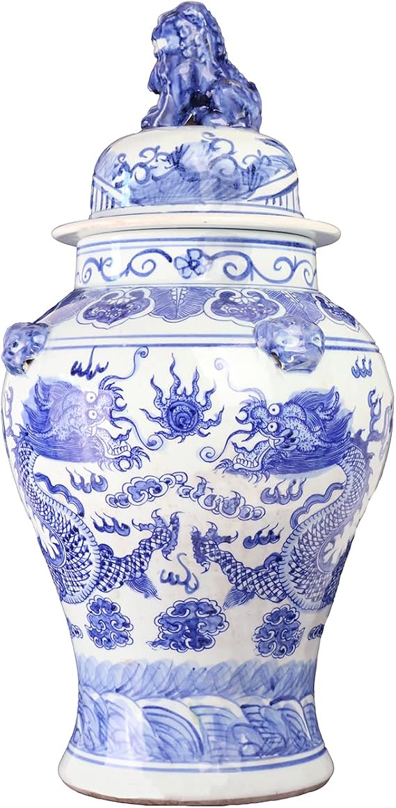 Oriental Furnishings Chinese Porcelain Temple Jar -Painted in Blue and White with a Chinese Dragon Motif and Made by Expert Potters in Jingdezen, China - 24" H.