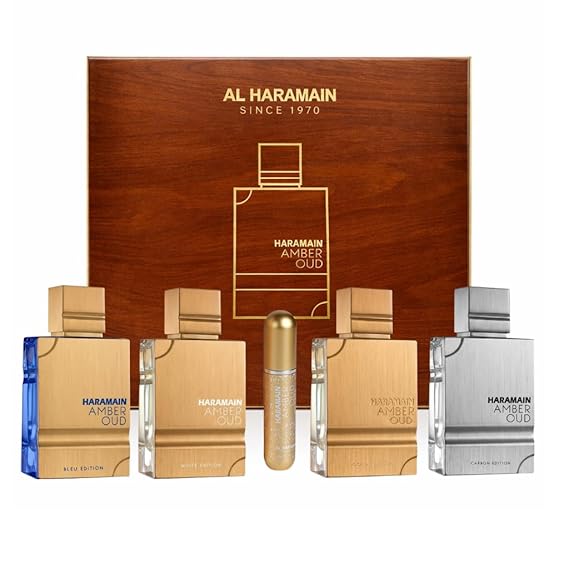 Al Haramain Amber Oud Collection - Gold, Blue, White, Carbon - 4 x 60ml (2.0 oz) EDP Spray - Luxury Unisex Cologne & Perfume Gift Set for Men & Women - Long-Lasting Arabian Fragrance (Bundle)