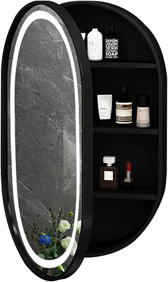 Vanity Mirrors Mirror Cabinet Oval Bathroom Mirror Cabinet Wall Mounted Wooden Bathroom Medicine Cabinet Demisting Storage Cabinet With Light (Color : Black-with light, Size : 50 * 80 * 14cm)