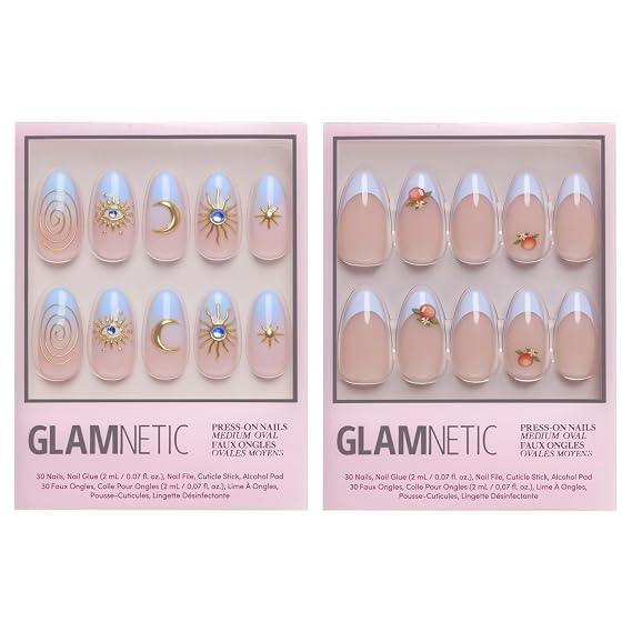 Glamnetic Medium Oval Press-On Nails Bundle - Spirited Sky & Capri Coast | Celestial Fake Nails with Gold Accents | Blue French Tips with Orange Accents | Durable, Salon-Quality Nail Kits