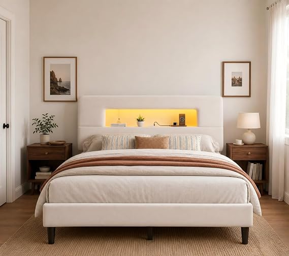 Homkdom Queen Bed Frame with Storage Headboard, LED Lights & USB, Beige