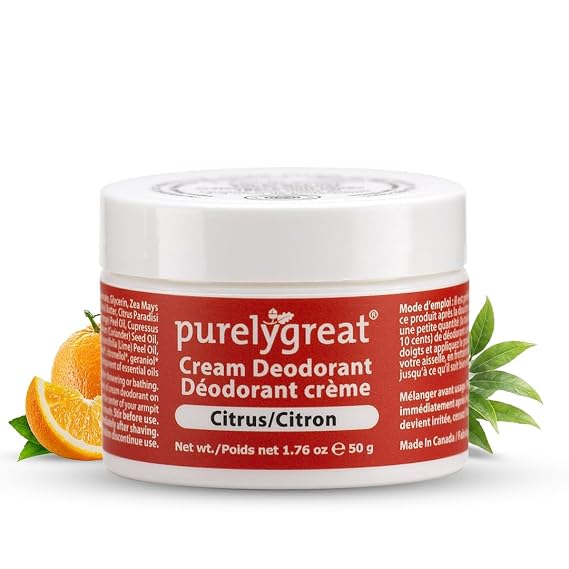 Purelygreat Citrus Scented Cream Deodorant for Women & Men | Aluminum Free Deodorant Women & Men | Vegan & Long Lasting Odor Control | Chemicals, Parabens, BPA & Cruelty Free | 1.76 oz