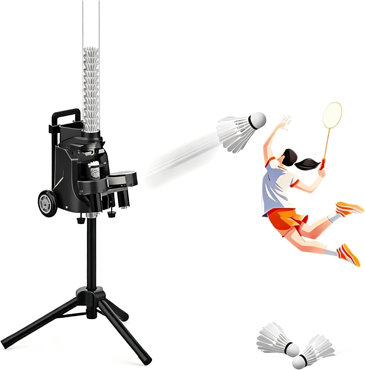 Adjustable Badminton Serving Machine with App Control,Low Hardness Serving Wheel, 1-5 Seconds Frequency, for Beginner Practice and Professional Training