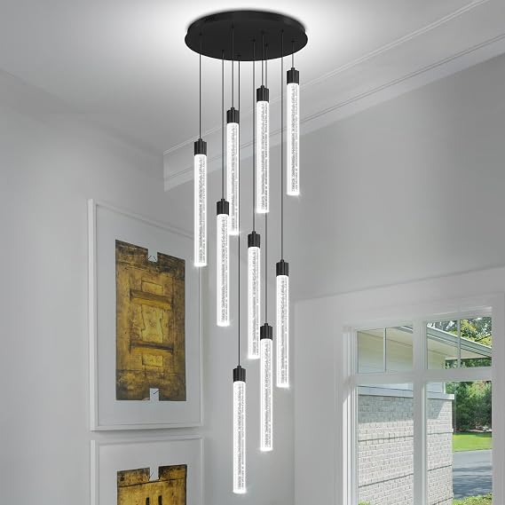Modern 9-Lights Black Crystal Column Chandeliers for Entrance Dimmable LED Pendant Lighting Hanging Lights for Dining Room Bedroom Foyer Staircase Living Room