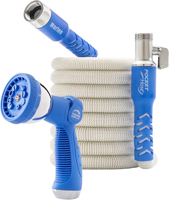 Pocket Hose 50 ft Expandable Garden Hose for Marine & RV Use Drinking Water Safe & Lead-Free, 3/4 Lightweight No-Kink Hose with On/Off Valve, 10-Pattern Sprayer & Storage Bag