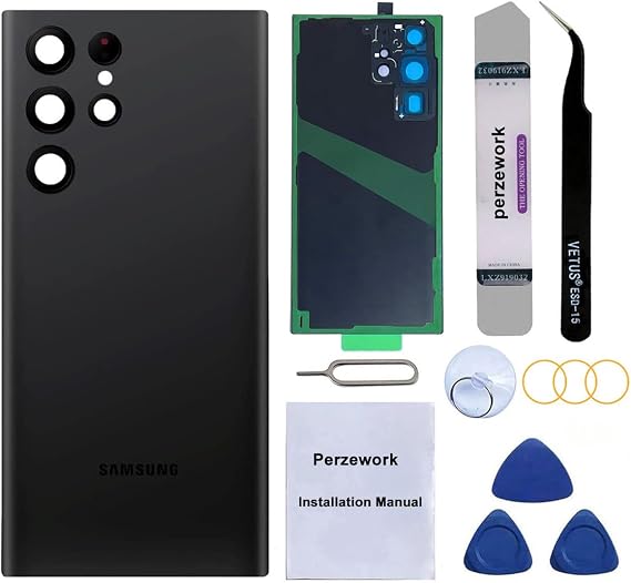 Rear Back Glass Replacement for Samsung Galaxy S22 Ultra 6.8 inches 5G with Reparing Toolkit and Pre-Installed Adhesive (Phantom Black)