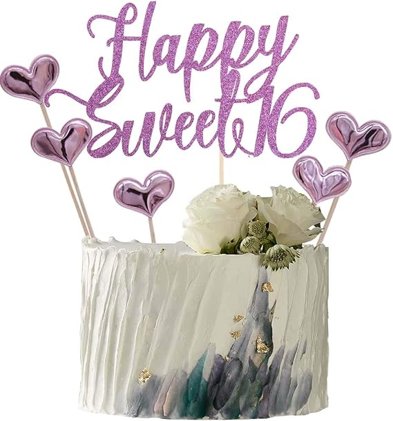 Happy Sweet 16 Cake Topper Cheers to 16 Year | Happy 16th Birthday Cake Topper- Sweet Sixteen /16th Wedding Anniversary Party Decoration (Purple)