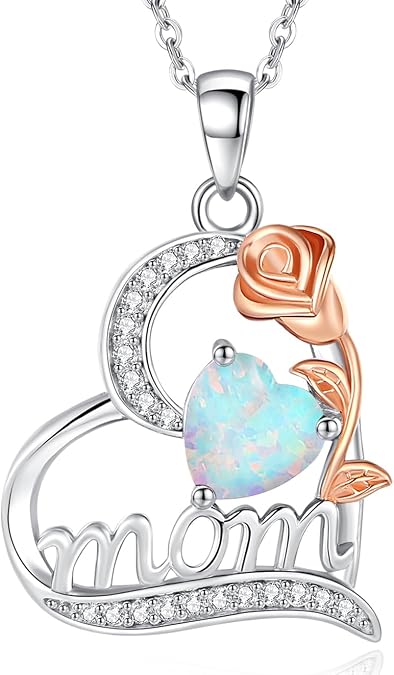 FANCIME Mom Birthstone Necklace for Women Rose Heart Necklace I Love You Mom Gifts Mother's Day Gifts Jewelry for Grandmother Women Wife, 16"+2" Inches