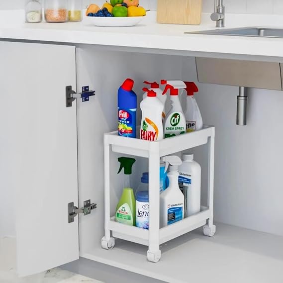 Deconox 2 Tiers Under Counter Organizer, Space Saving Storage Rack for Kitchen, Bathroom, Storage and Warehouse | Compact and Practical Design (40x36x23cm) (WHITE)