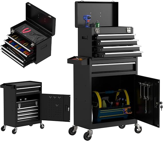 5 Drawer Tools Chest, Tool Cabinet with Universal Lockable Wheels,Tool Box with Detachable Top Box for Workshop(Black)