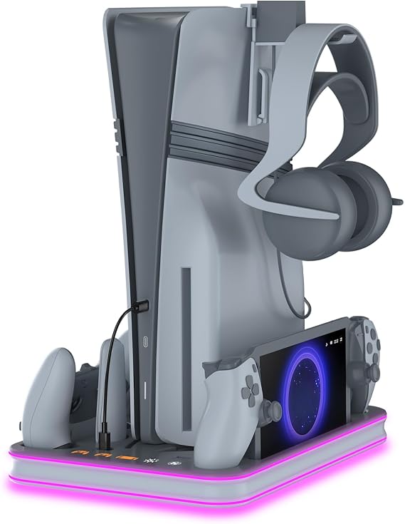 PS5 Pro/Slim/PS5 Stand and Cooling Station with RGB Lighting,Charging Station for PlayStation Portal & P5 Controller, PS Portal Charger,Headset and Remote Holders (Gray)