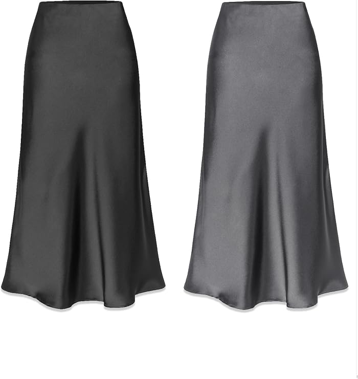 Womens Satin Silk High Waist Slit Midi Skirt Elastic Waistband Midi Skirts for Women(Black-S+Grey-S