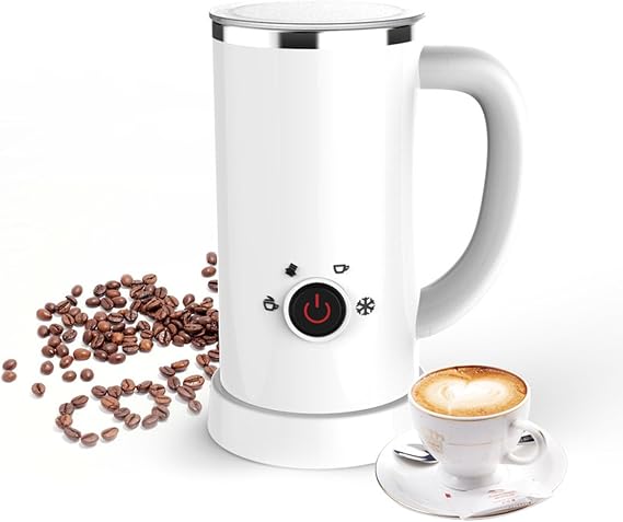 Milk Frother, 8.8Oz Stainless Steel Electric Milk Steamer, 4 IN 1 Hot & Cold Foam Maker for Latte, Cappuccinos, Macchiato, Hot Chocolate, Silent Operation, Easy to Clean white