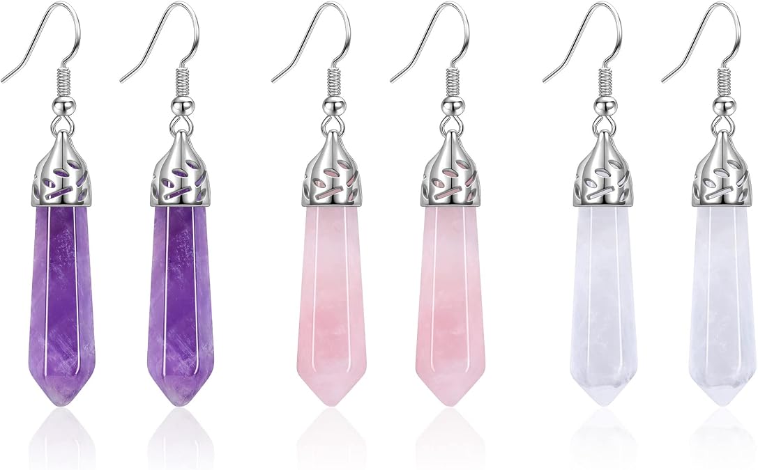Jovivi 3Pairs Healing Crystals Earrings Sets for Women Natural Real Amethyst Rose Quartz Stone Healing Hexagonal Points Crystal Chakra Dangle Earrings