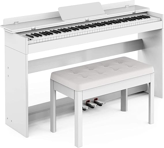 88-Key Weighted Digital Piano, Electric Upright Piano with 3-Pedal Unit Board, LCD Screen, Multi-Functional Full Size Keyboard and Power Adapter for Beginner/Adult (White(with Piano Bench))