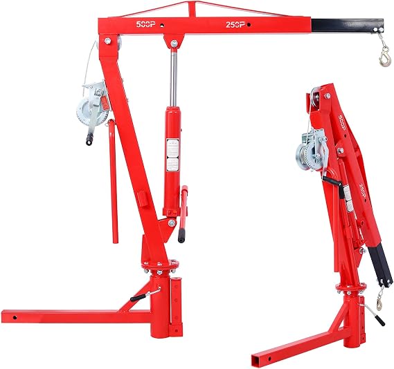 500LB Capacity Pickup Truck Crane, Hitch Mount Hydraulic Lift with 39.5"-54" Boom Extension, 76" Lifting Range, 360 Swivel Base, Adjustable Support Legs Heavy Duty Steel Engine Hoist (Red)