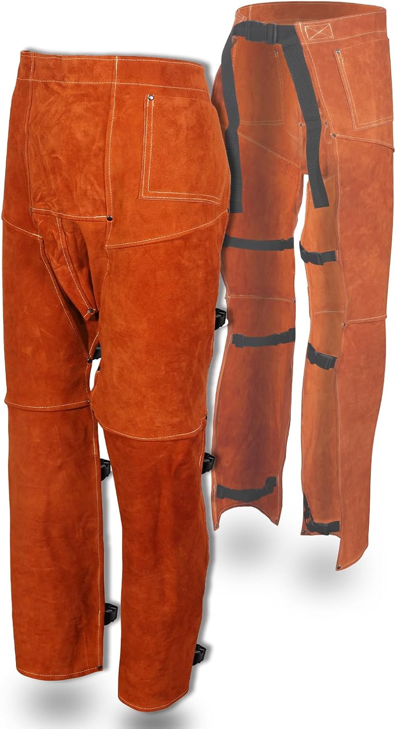 QeeLink Welding Pants - Heat & Flame Resistant Split Leather Safety Leg Protection for Men and Women, Adjustable M to L