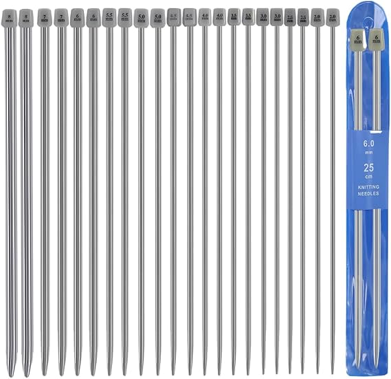 22 - Pcs 25cm Long Knitting Needle Set - Metal Single Pointed Needles for Beginners & Pros (11 Sizes, Stainless Steel)