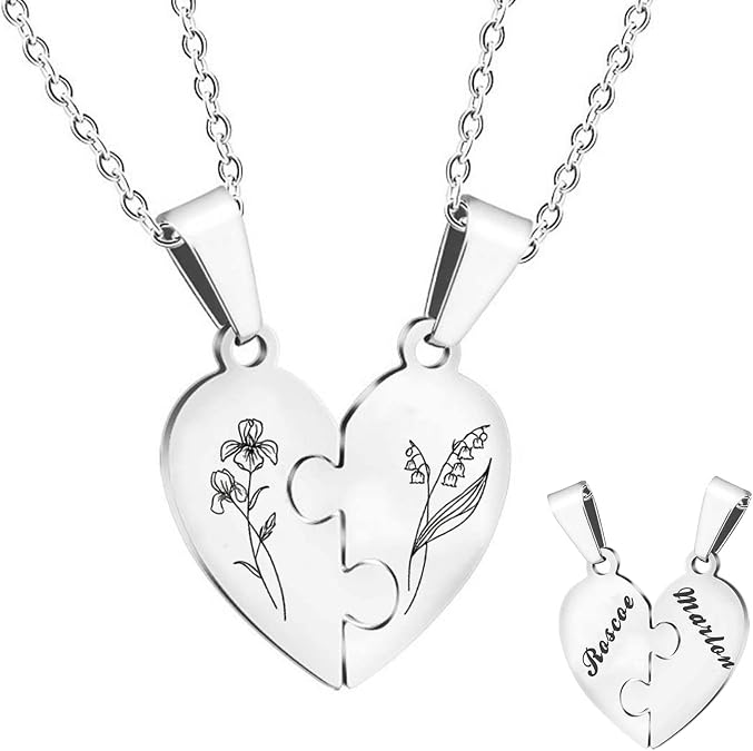 Personalized Name & Birth Flower Necklace for 2/3/4/5/6/7/8 Custom Heart Puzzle Piece Necklaces Custom Family Friendship Couple Pendant for Women Men Matching Friends