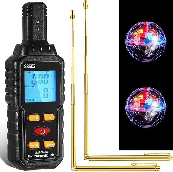 Ghosthunting Equipment Kit 1 EMF Radiation Detector 2 LED Cat Balls 2 Copper Track Poles Metal Ghost Equipment 5-Piece