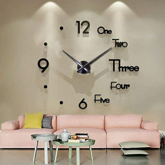 FASHION in THE CITY Large 3D Frameless Wall Clock Stickers DIY Wall Decoration for Living Room Bedroom Office (Black)