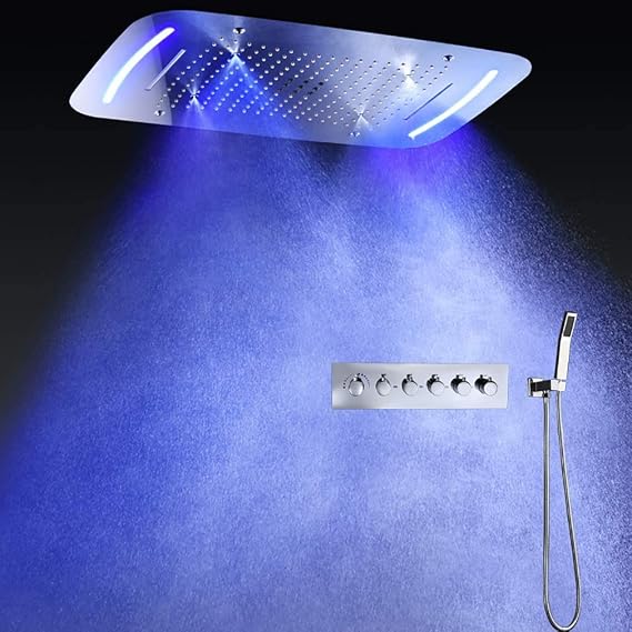 Cascada Luxury 17"x28" Thermostatic System with multi function shower head (Rainfall+Rain Curtain+SPA Misting+Massage) and hand-shower & LED Light - Stainless Steel (17"x28", Antique Brass)