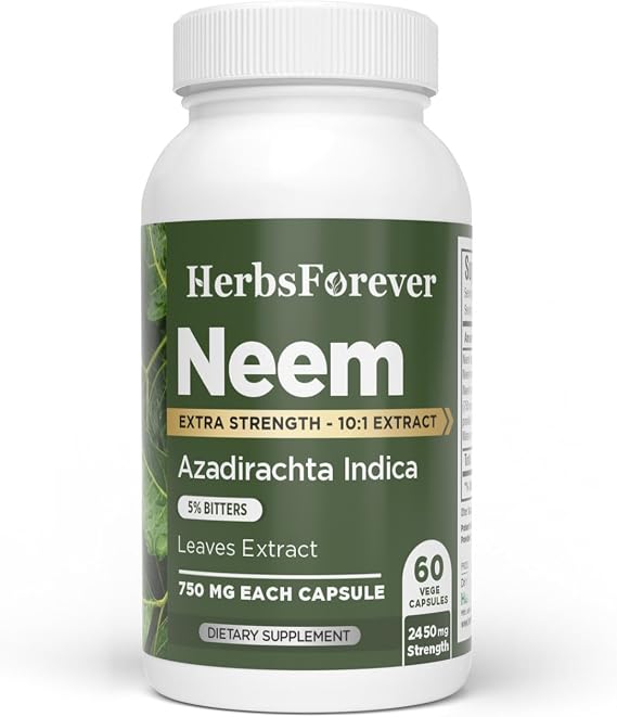 HerbsForever Neem(Azadirachta Indica)-Extra Strength(10:1)Extract, Equiv.to 2450mg Leaves Powder Per Serving-Supports Immunity,Clear Skin,Face Complextion & Blood purify|5%Bitters|60Veg Capsule|750mg