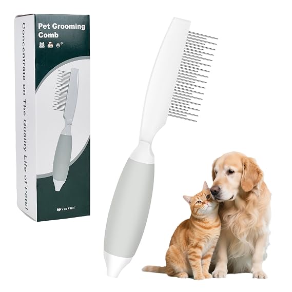 Cat Grooming Comb, Stainless Steel Dual-Length Teeth, Silicone Handle