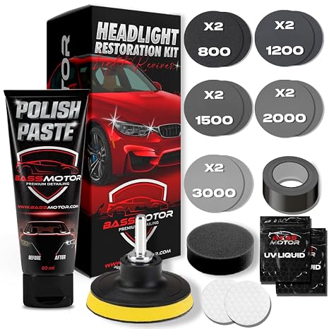 BASSMOTOR Car Headlight Restoration Kit for MOT - Treats Opaque Headlights, Yellowing and Degradation - Sanding Discs, Polish, Polishing Sponge and Universal Adapter - Driving Visibility and Safety.
