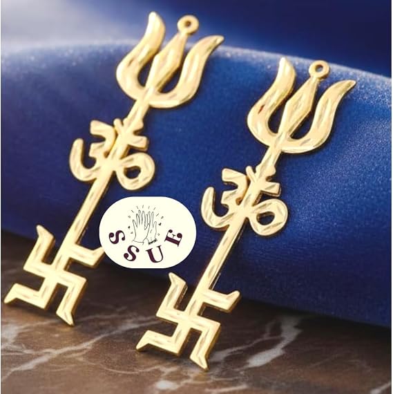 SSUE 2 Piece Om Swastik Trishul 6 inch Gold Plated Metal Symbol for Home Temple, Vastu, and Spiritual Protection Door Wall Car Hanging Home, Mandir, Office Shops House Entrance