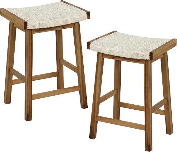GOFLAME Bar Stools Set of 2, 25.5 Counter Height Bar Chairs with Seagrass Woven Seat, Solid Wood Frame and Footrests, Backless Saddle Barstools for Kitchen, Dining Room