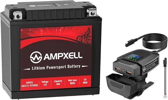 YTX14-BS Lithium Powersports Battery 12V 8AH 480A Motorcycle Battery with Motorcycle USB Charger,Two Way Charger 30W