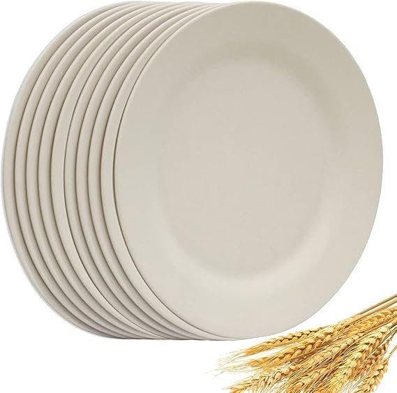 Set of 10 Large Dinner Plates 11 Inch, Reusable Wheat Straw Dessert Dishes, Round Pasta Salad Serving Plate, Unbreakable Kids Fiber Tableware for Party Steak Pizza (Beige)