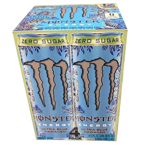 Monstar Energy Drink, 12 fl oz, 4 Pack (Ultra Blue Hawaiian, Sugar Free)