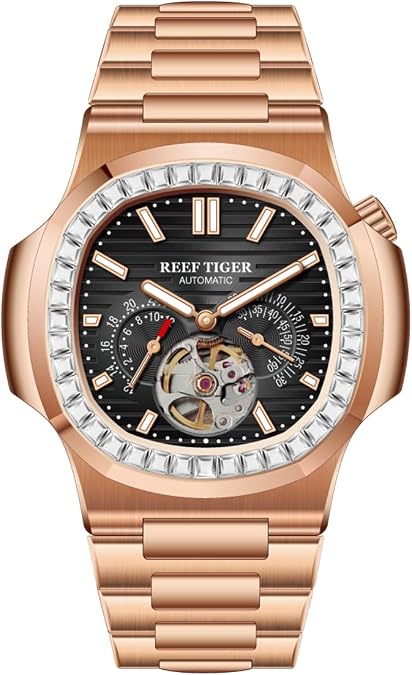 Reef Tiger Luxury Automatic Watch, Rose Gold Stainless Steel, Diamond Bezel, Brown Dial with Tourbillon