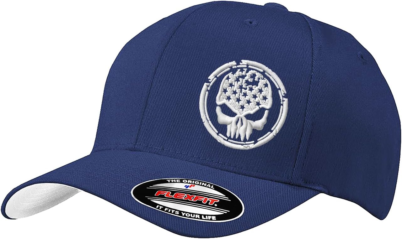 GNB CUSTOM EMBROIDERY LLC American Flag Distressed Skull Shield Logo Embroidered 6277 Flex Fitted Baseball Hat