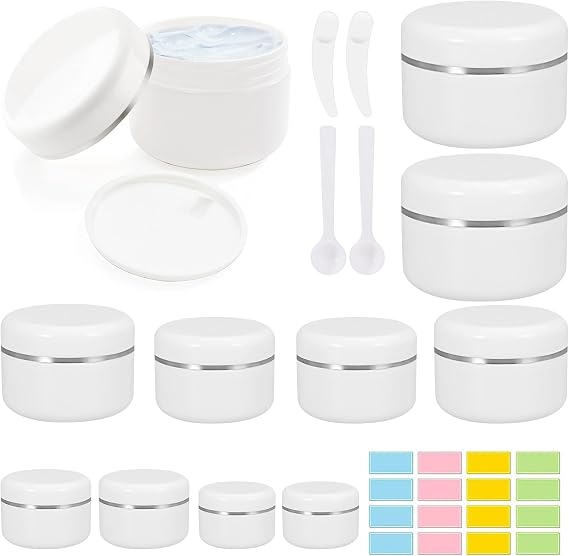 10 Pcs Cosmetic Sample Jars, 10/20/30/50/100ml Plastic Refillable Travel Pots for Toiletries Empty Cosmetic Container Pots with Mini Spatulas Spoon and Labels for Makeup Beauty Nails