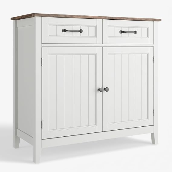 Xbro Kitchen Sideboard with Worktop, 2 Drawers & Double Door Storage Cabinet – Modern Farmhouse Buffet for Kitchen, Dining Room & Hallway, Grey