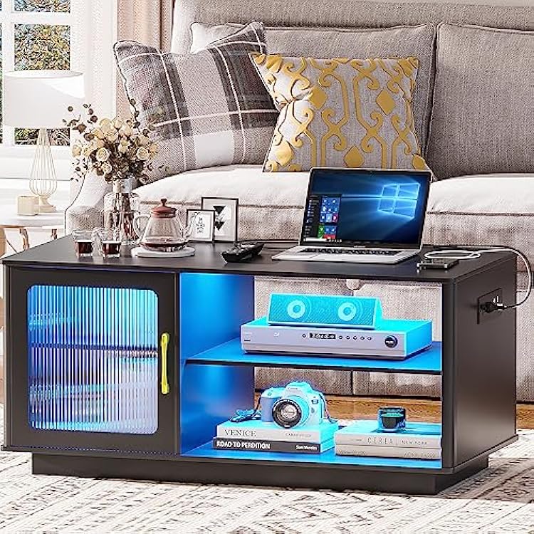 Gurexl 42.5L Coffee Table with Charging Station, Auto Sensor 3 Color Dimmable Dining Table with Large Storage Cabinet for Living Room,LED Cocktail Table with USB Ports and Power Outlets