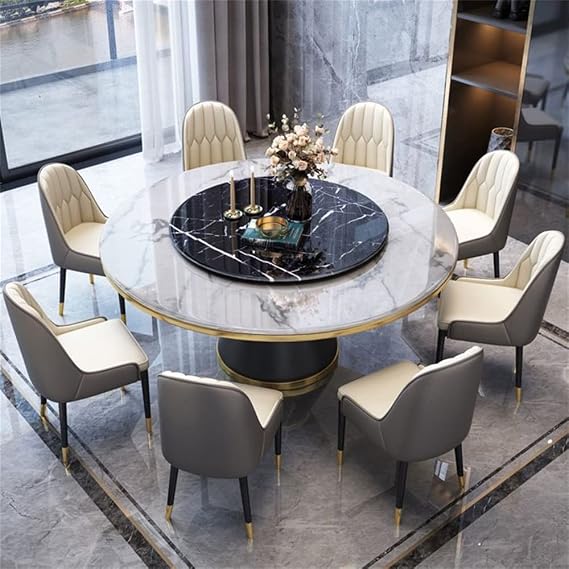 LAKIQ Modern Round Dining Table with Lazy Susan Marble Kitchen Dining Room Table Pedestal Dining Table(Black Lazy Susan,39.4" L x 39.4" W x 29.5" H)