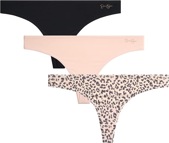 Jessica Simpson Women's Underwear Breathable Thongs, No Show Ladies Panties, Soft Microfiber Stretch Lace, Tanga, 3 Pack